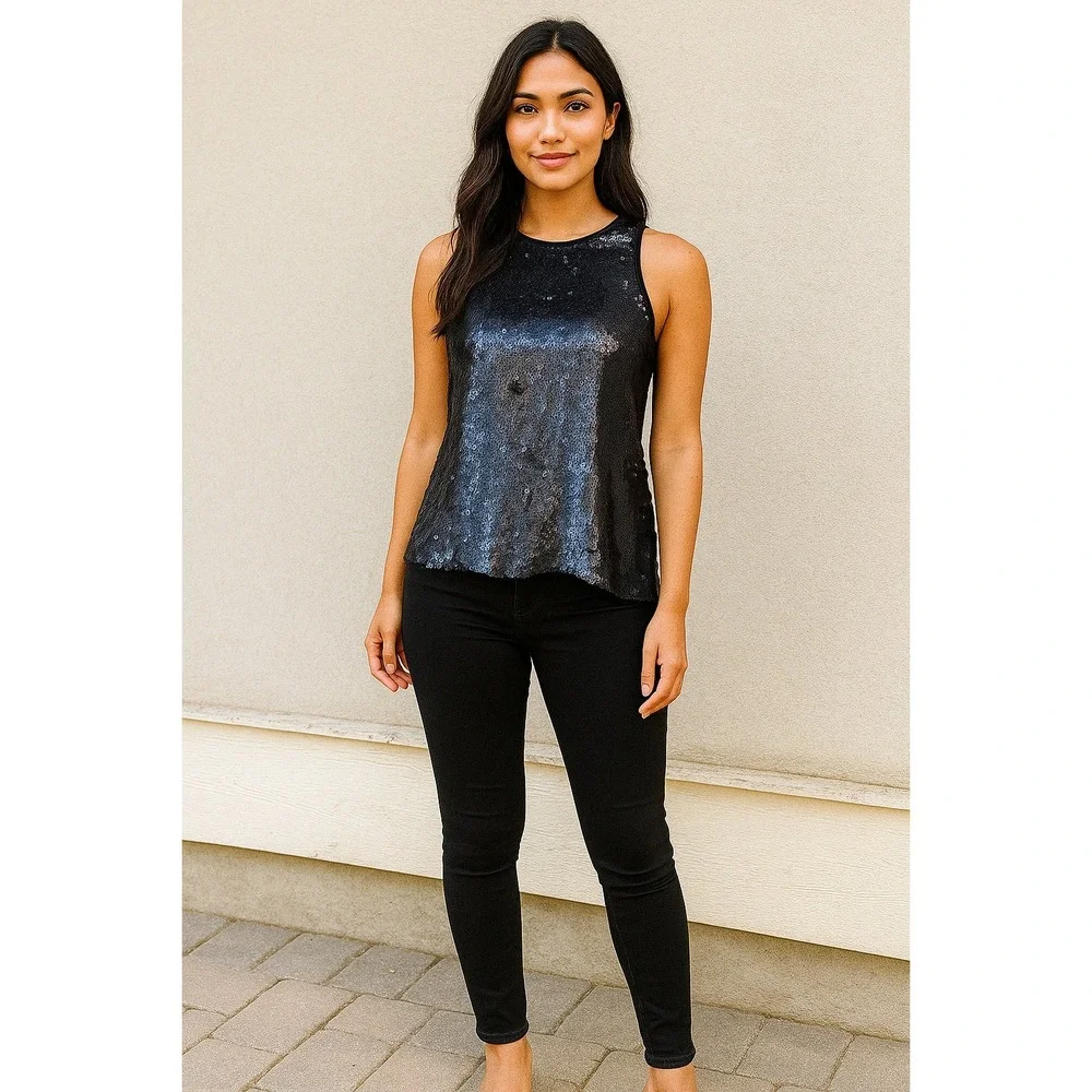 Parker Black Sequin Sleeveless V Neck Wrap Back Tank Top Womens XS Sparkle Glam - Picture 1 of 6